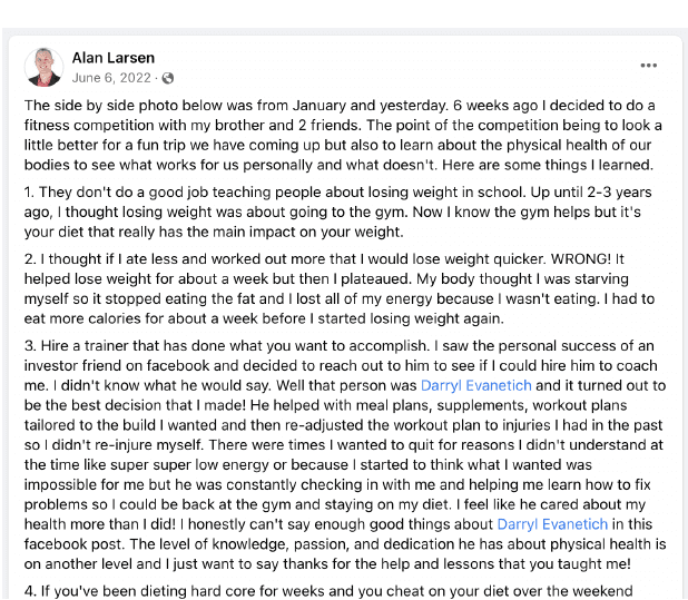 Alan Larsen written Facebook post