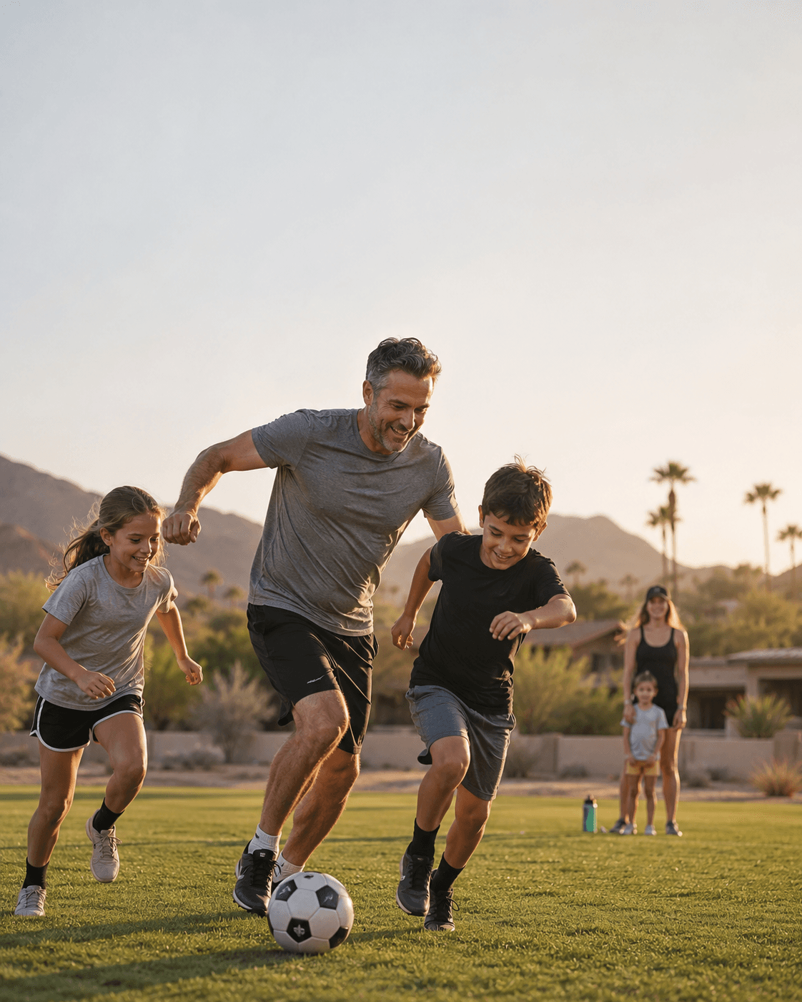 Dad playing soccer with kids